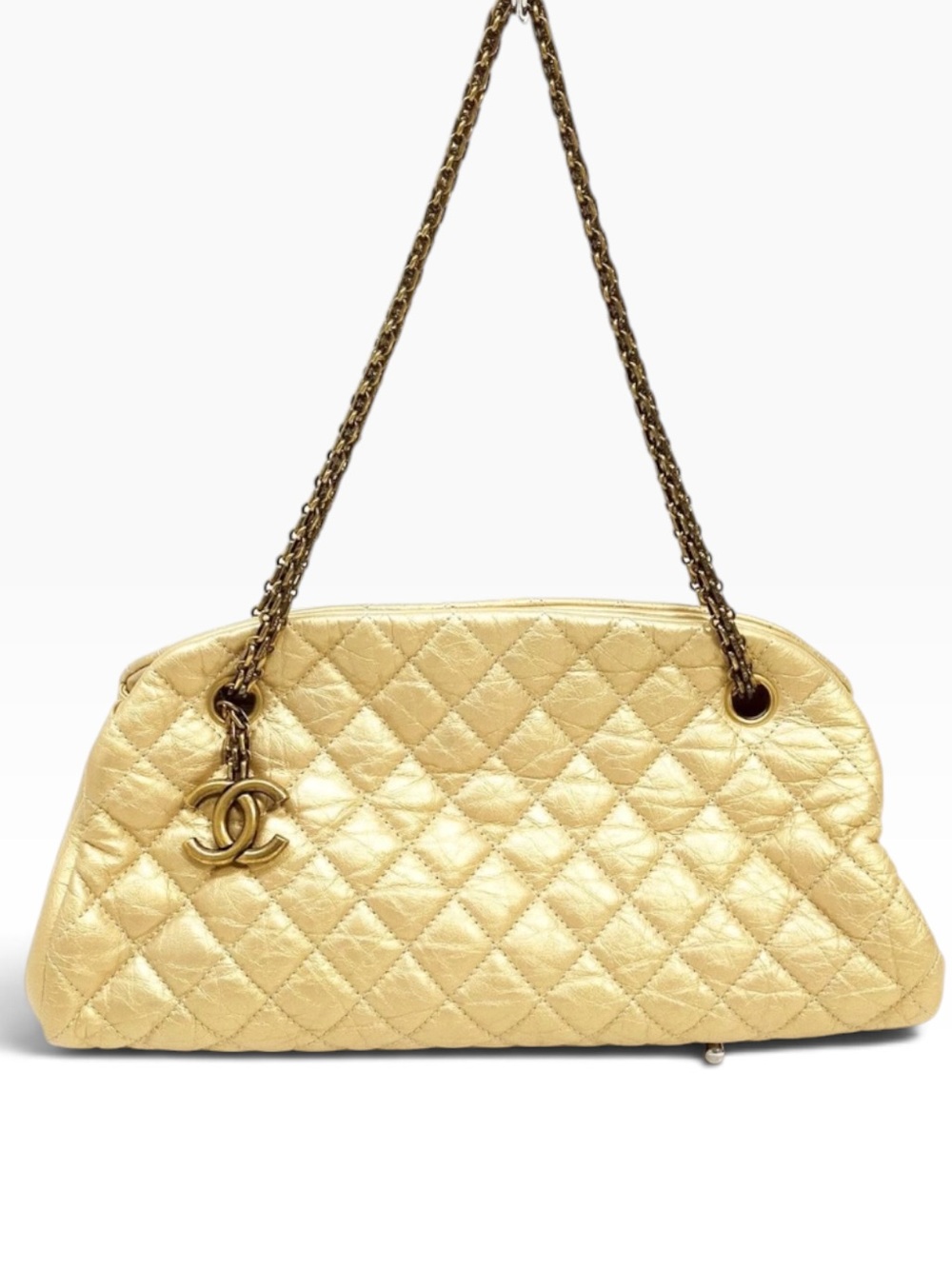 CHANEL Calfskin Metallic Gold Quilted Leather CC Charm Chain Shoulder Bag